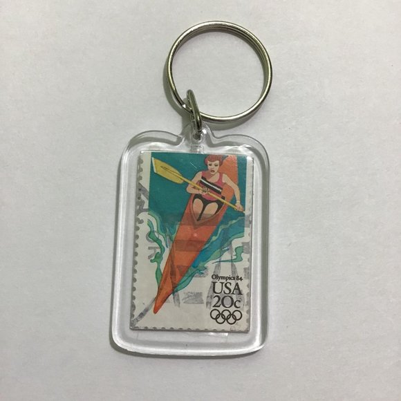 Kayak Keychain - Upcycled Recycled Postage Stamp Key Chain - Picture 2 of 9